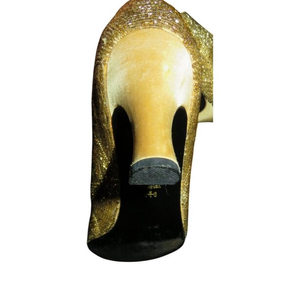 Valerie Stevens Veronica Gold Beaded Leather Kitten Heel Closed Toe Pumps - Picture 7 of 9